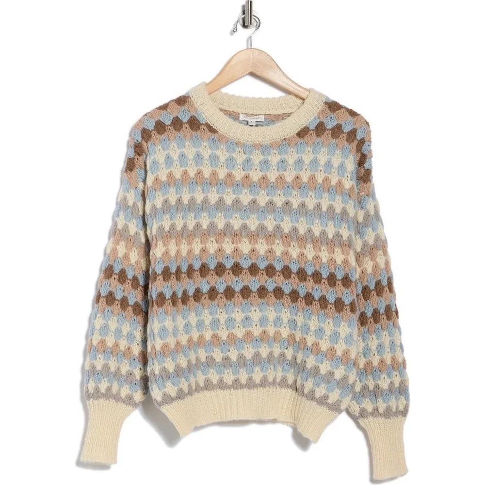 NWOT Blu Pepper | Sweater Small Multi-Color Diamond Crochet Knit Long Sleeve - Picture 2 of 9